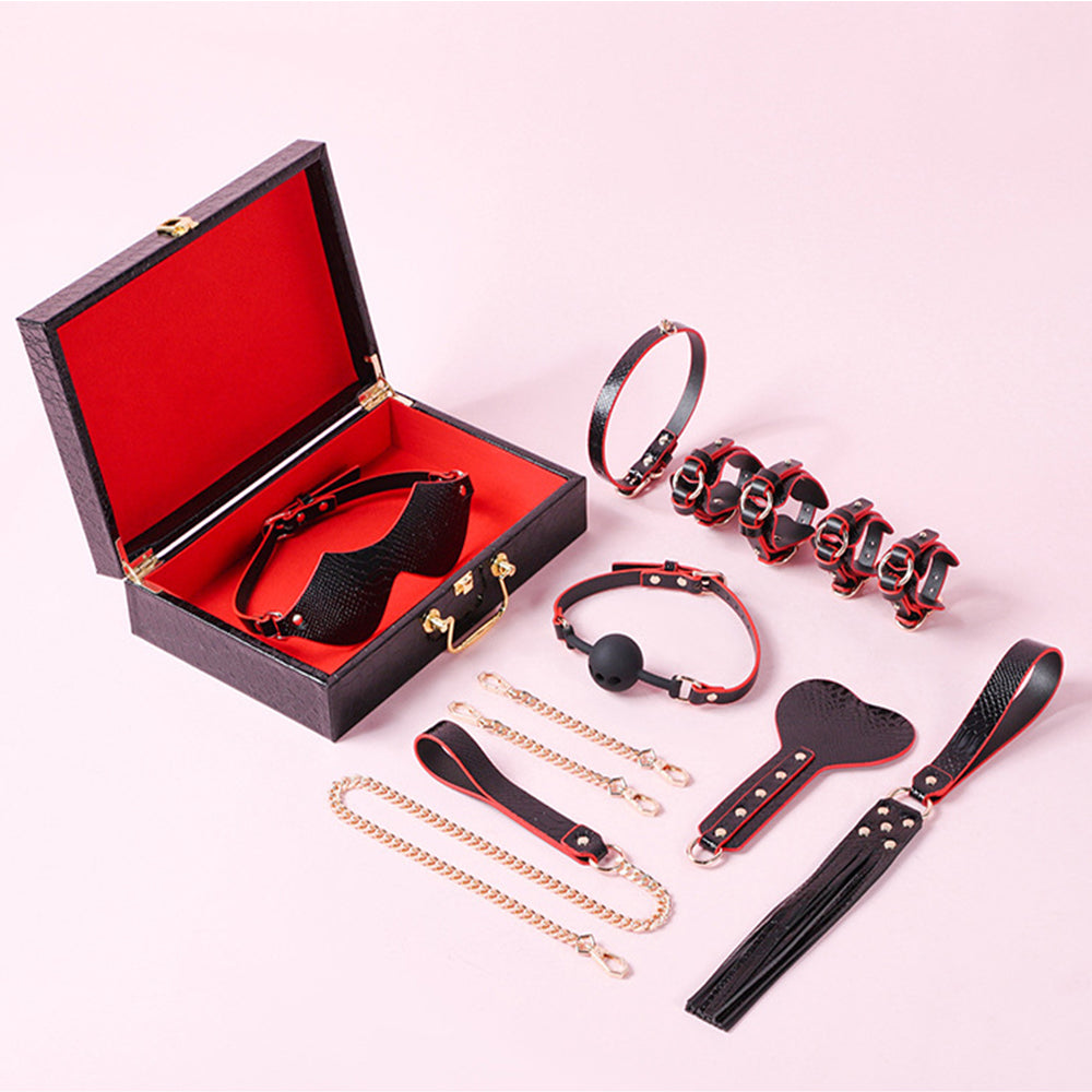 High-end SM props genuine leather 8-piece set with box, binding handcuffs, traction collar, punishment training whip, adult products