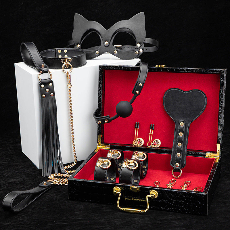 High-end SM props genuine leather 8-piece set with box, binding handcuffs, traction collar, punishment training whip, adult products