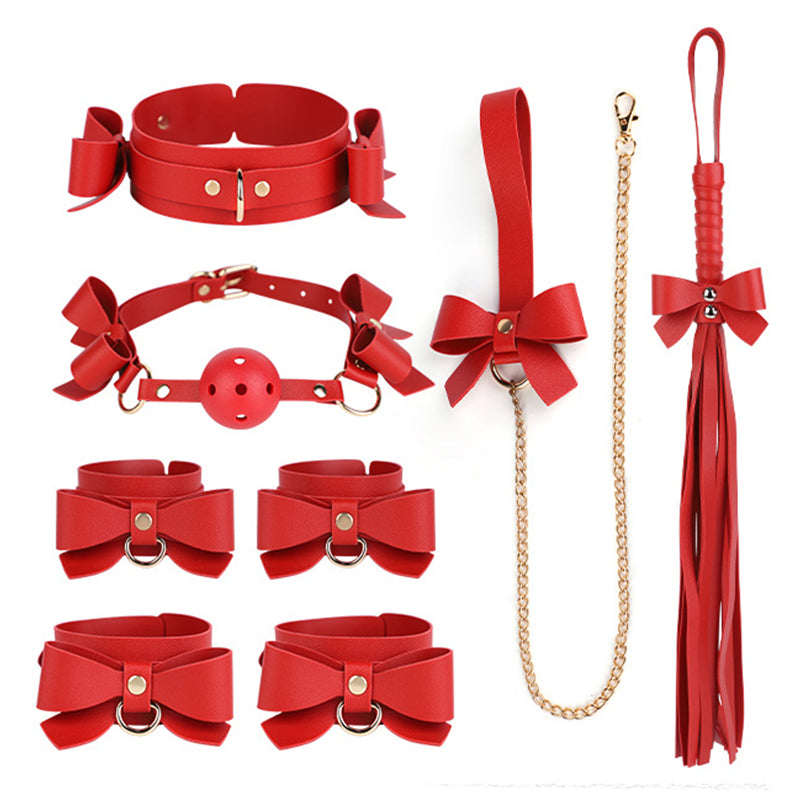 Red SM props set 5-piece bow sexy whip pvc gag female slave traction collar bondage handcuffs