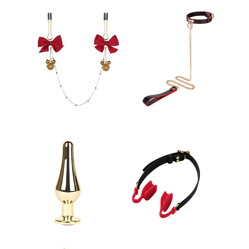 SM sex toys four-piece set genuine leather traction collar bell nipple clamp silicone mouth plug alternative sex toys