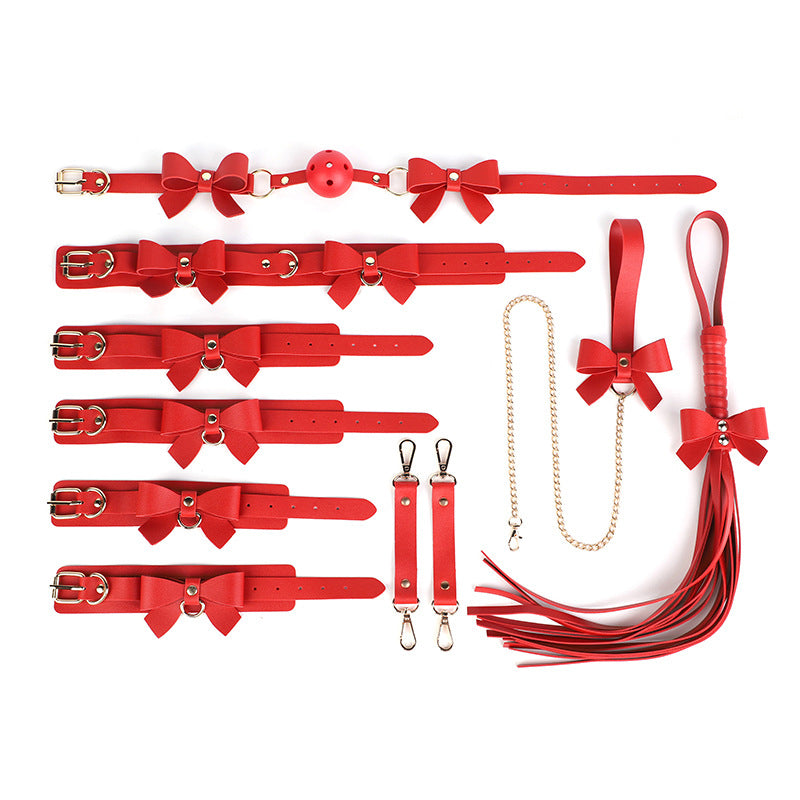 Red SM props set 5-piece bow sexy whip pvc gag female slave traction collar bondage handcuffs