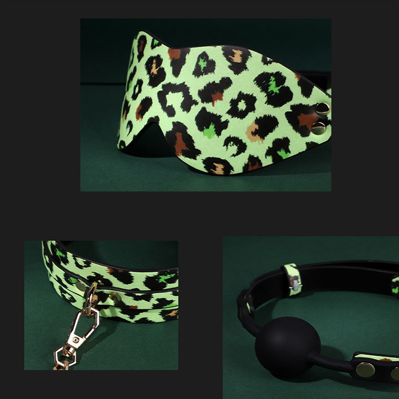 Luminous SM props leopard print seven-piece set fun collar traction restraint handcuffs and leg cuffs sp punishment adult products