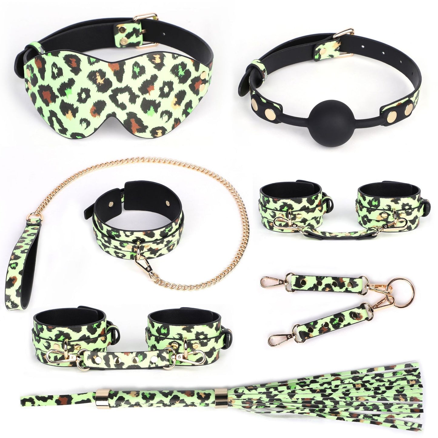 Luminous SM props leopard print seven-piece set fun collar traction restraint handcuffs and leg cuffs sp punishment adult products