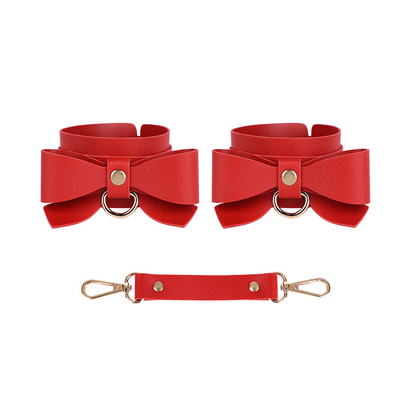 Red SM props set 5-piece bow sexy whip pvc gag female slave traction collar bondage handcuffs