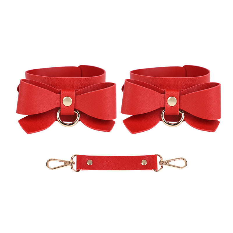 Red SM props set 5-piece bow sexy whip pvc gag female slave traction collar bondage handcuffs